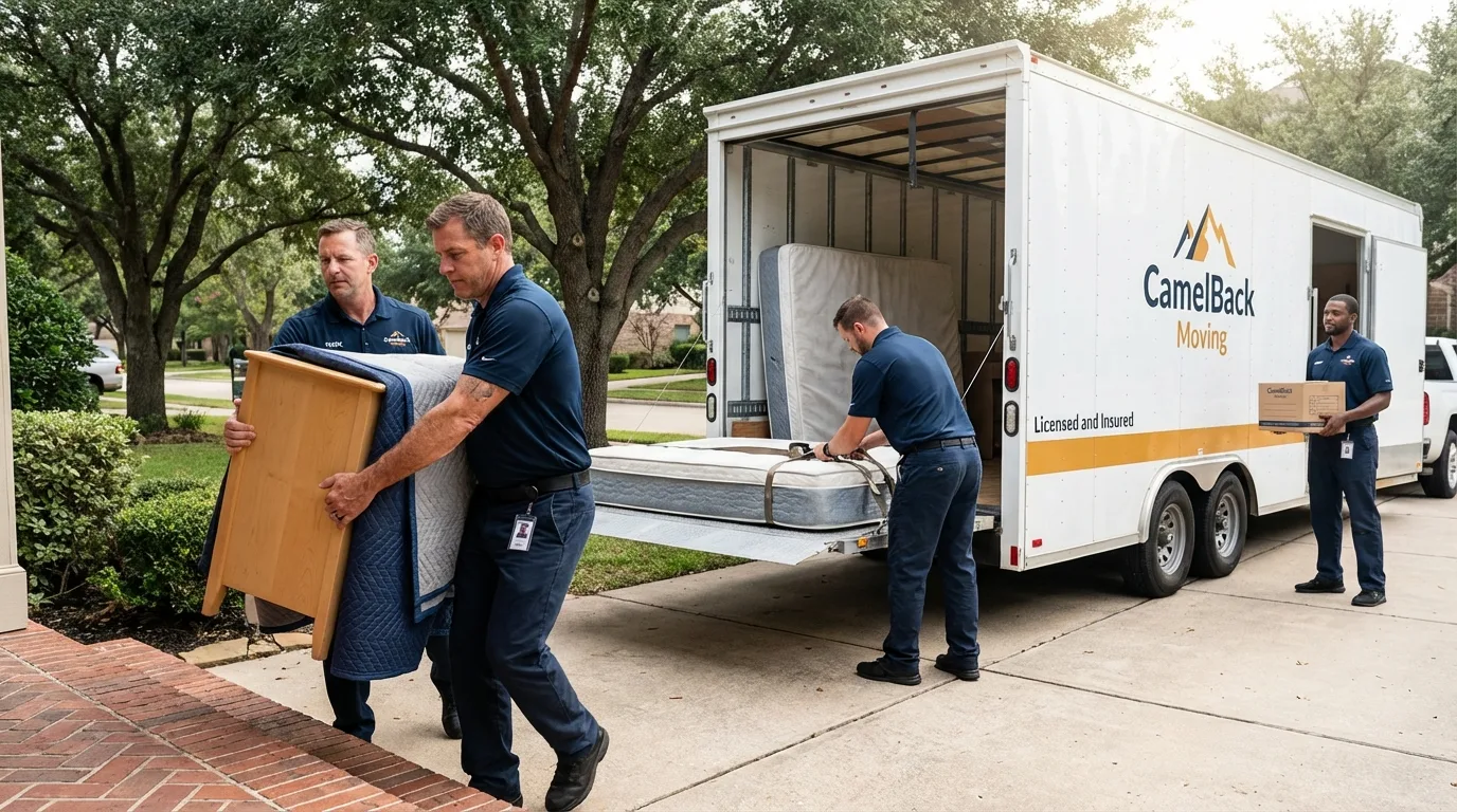 Crew loading residential truck for cross-state move from La Villa, TX