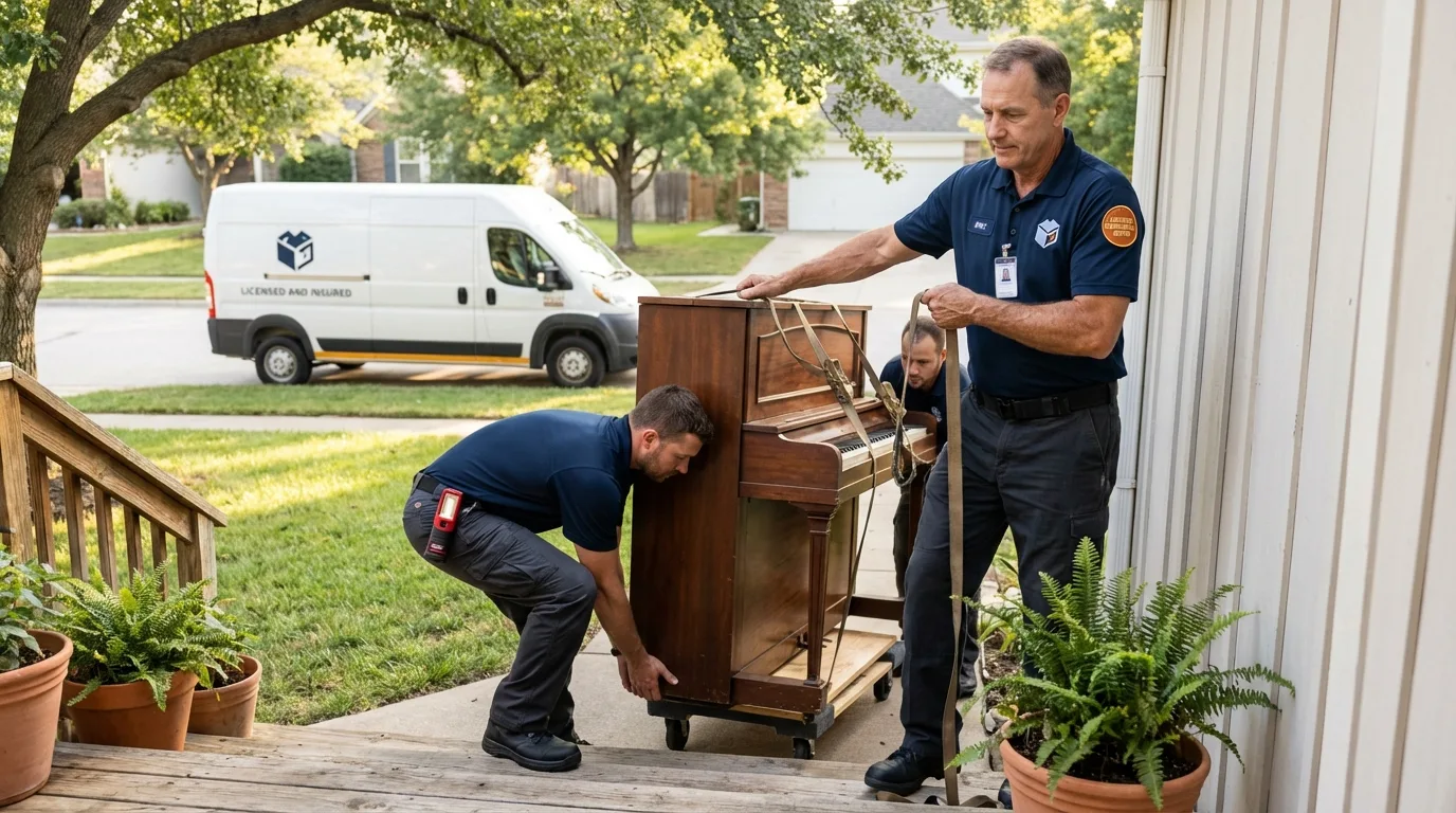 Licensed piano movers securing grand piano in La Villa, TX