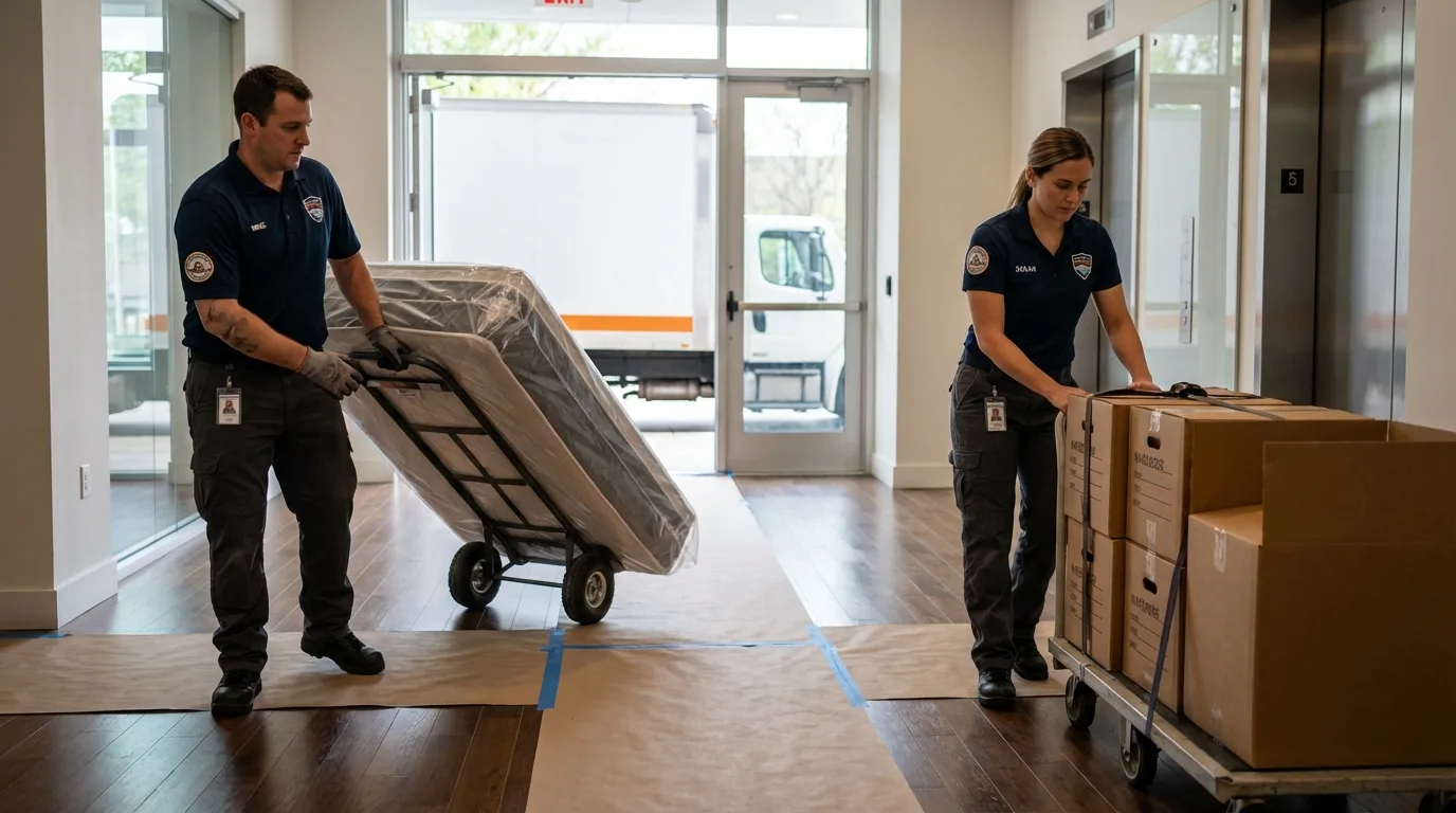 Professional apartment movers loading elevator in La Villa, TX