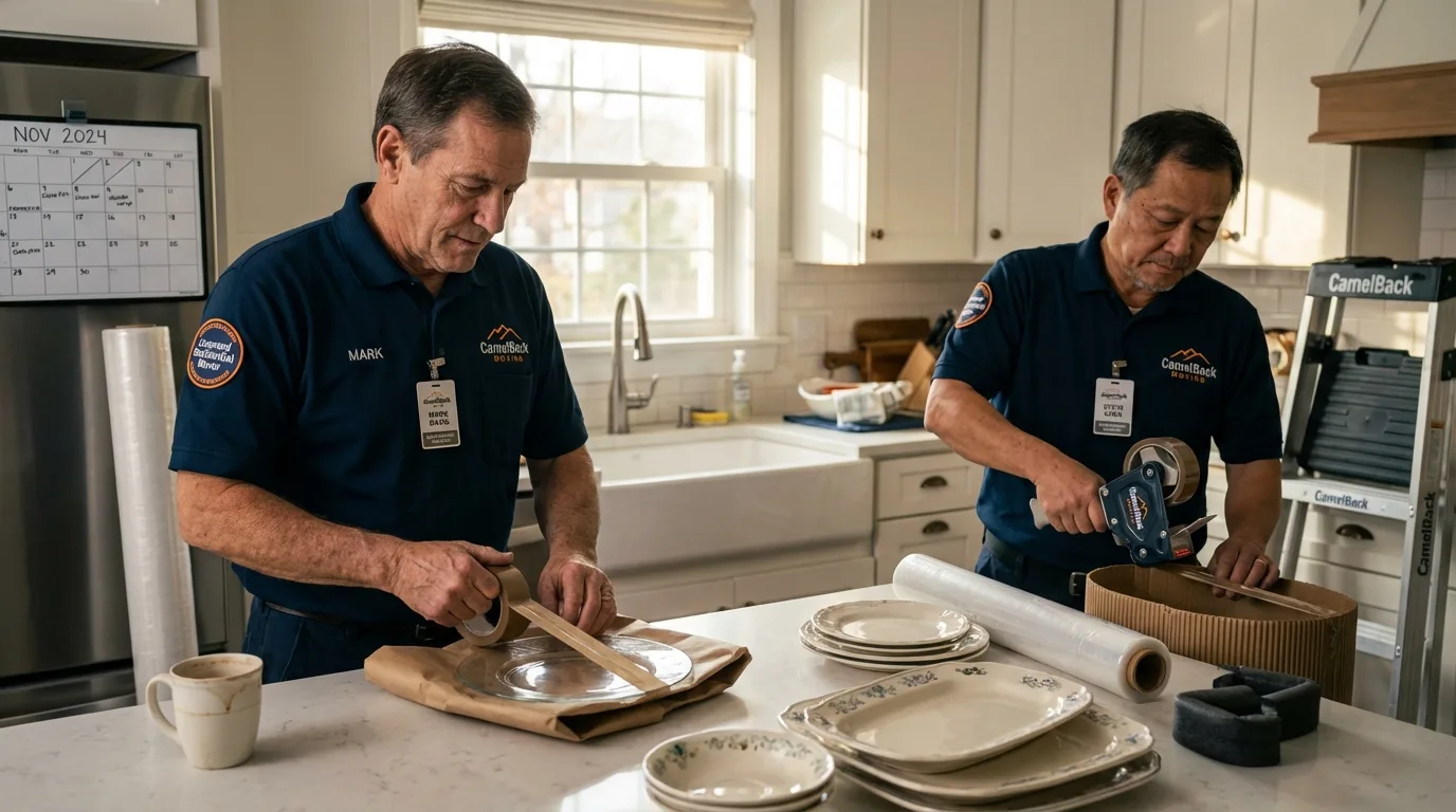 Professional crew packing kitchen dishware in La Villa, TX